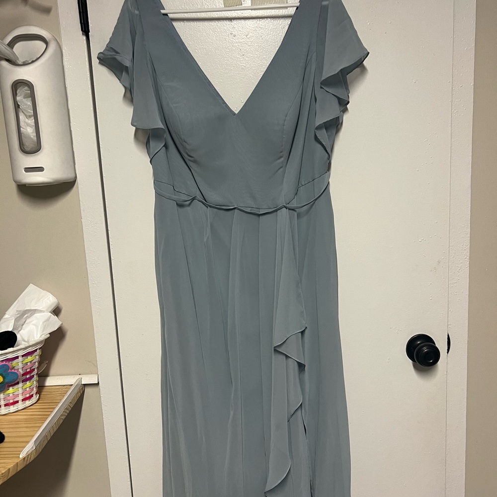 Chic Slate Blue Maxi Dress with Ruffle Sleeves